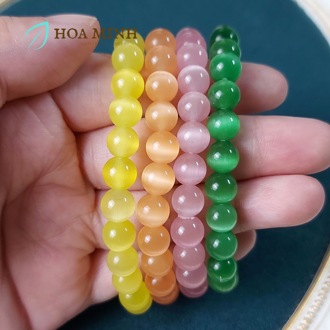 Vòng tay đá Mắt Mèo trơn size hạt 7.8 li đa sắc màu phong cách xinh xắn dễ thương