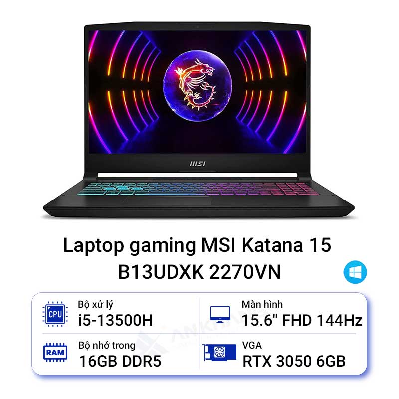 MSI Katana 15 B13UDXK-2270VN (Intel Core i5-13500H | RTX 3050 6GB | 15.6 inch FHD | 8GB | 1TB | Win 11 Home | Đen) - HÀNG CHÍNH HÃNG