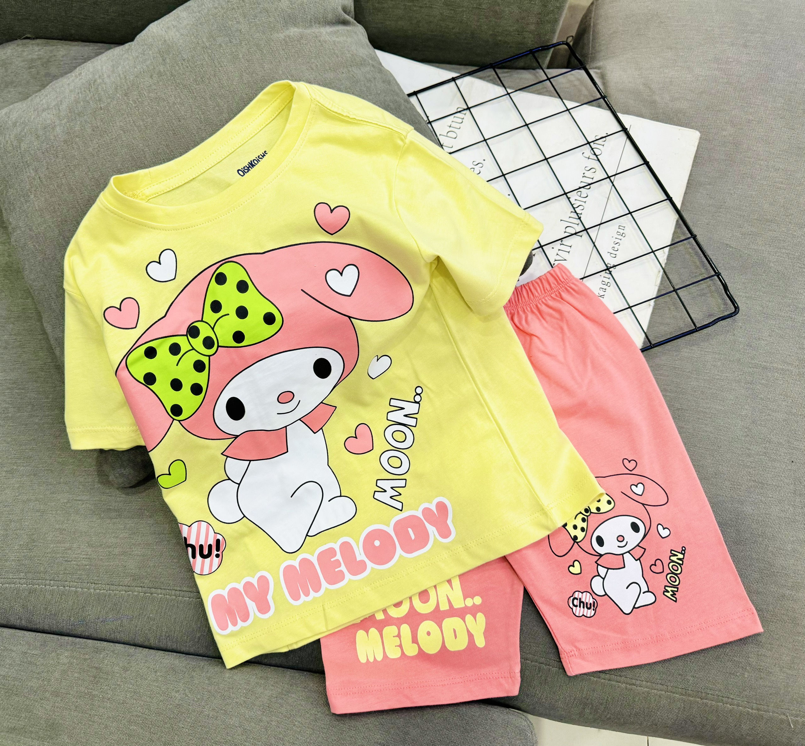Đồ bộ bé gái, Bộ cộc tay cho bé gái hình kuromi gấu dâu melody từ 8-35kg chất cotton mềm mịn mát