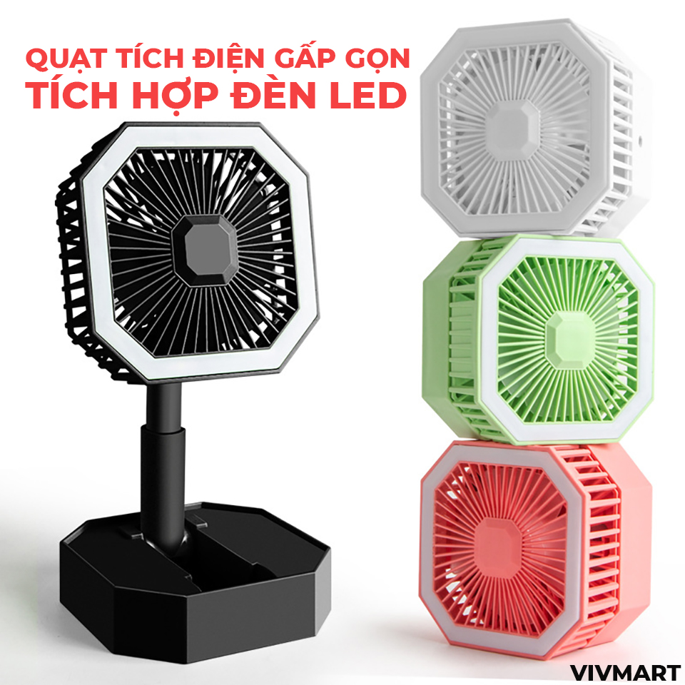 Quạt Mini Tích Điện Gấp Gọn Để Bàn Siêu Mát Tích Hợp Đèn Led Xoay 180 Độ, Sạc USB - Màu Hồng