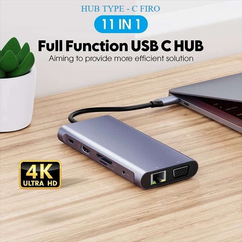 Hub Type C FIRO 11in1 - Hub Chuyển Đổi Type C To HDMI Chuẩn HDTV - 1 Cổng HDMI 4K, 1 Cổng VGA, 1 Cổng Mạng Lan, 1 Cổng Type C PD, 4 Cổng USB 3.0&2.0, 2 Khe Đọc Thẻ TF/SD, 1 Cổng Audio - Kết Nối Tốc Độ Cao-Dùng Cho Smartphone/Laptop/PC/Tivi-Hàng Chính Hãng