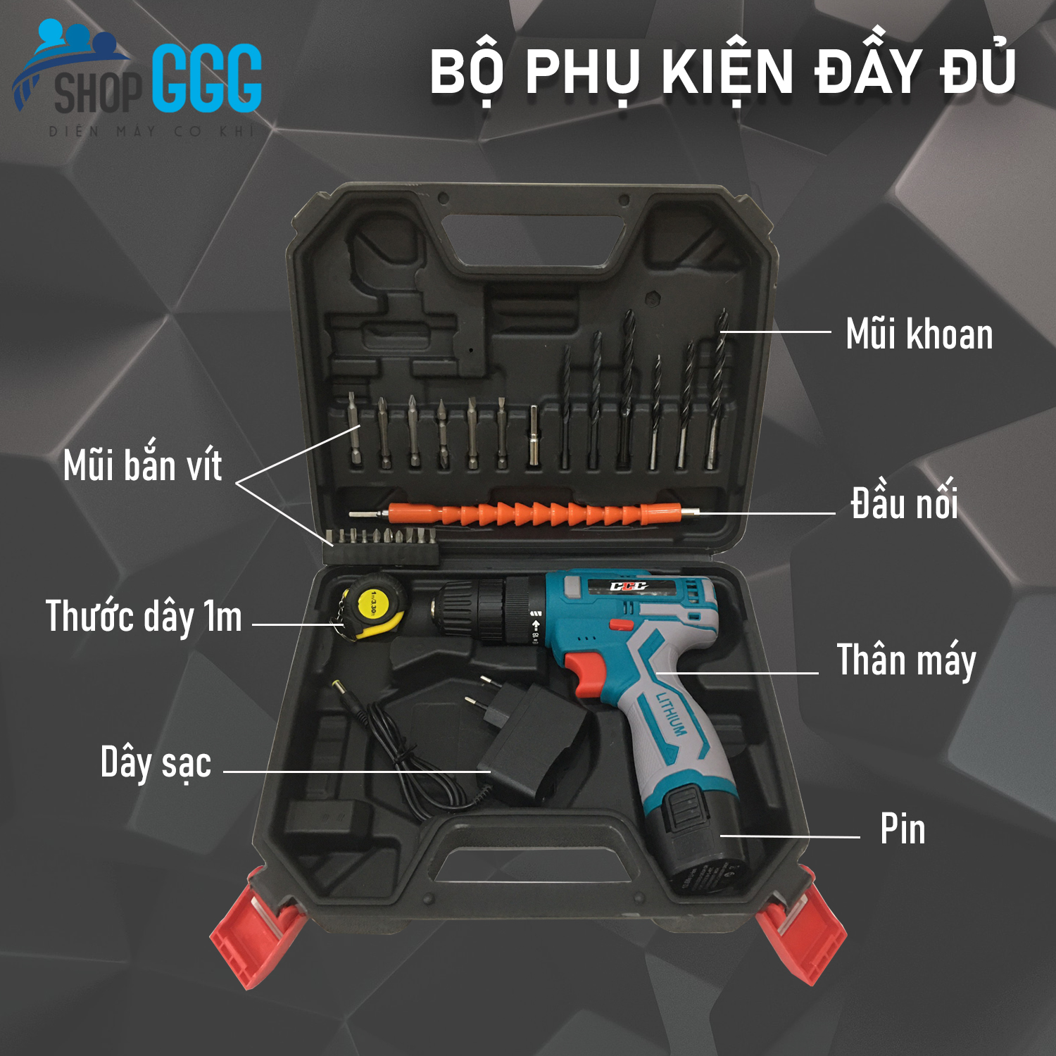 Máy khoan pin 12V, công suất 700W chính hãng GGG - khoan bắt vít không dây có đảo chiều, đèn led - khoan sắt, khoan gỗ - TẶNG BỘ 24 CHI TIẾT