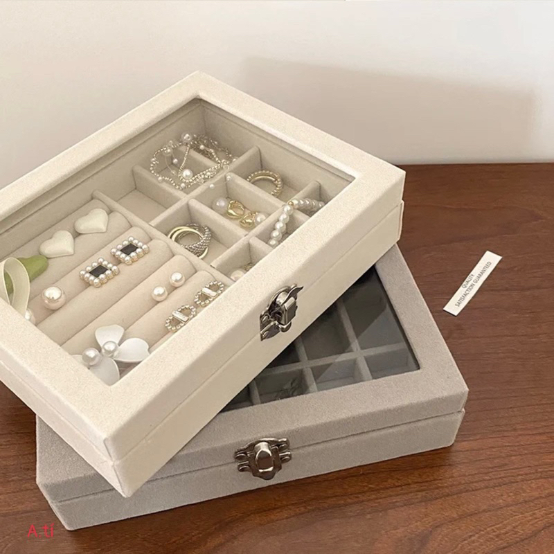 Hộp Đựng Đồ Trang Sức Mặt Kính Bọc Nhung Mềm Chống Bụi - Hàng Chính Hãng MINIIN