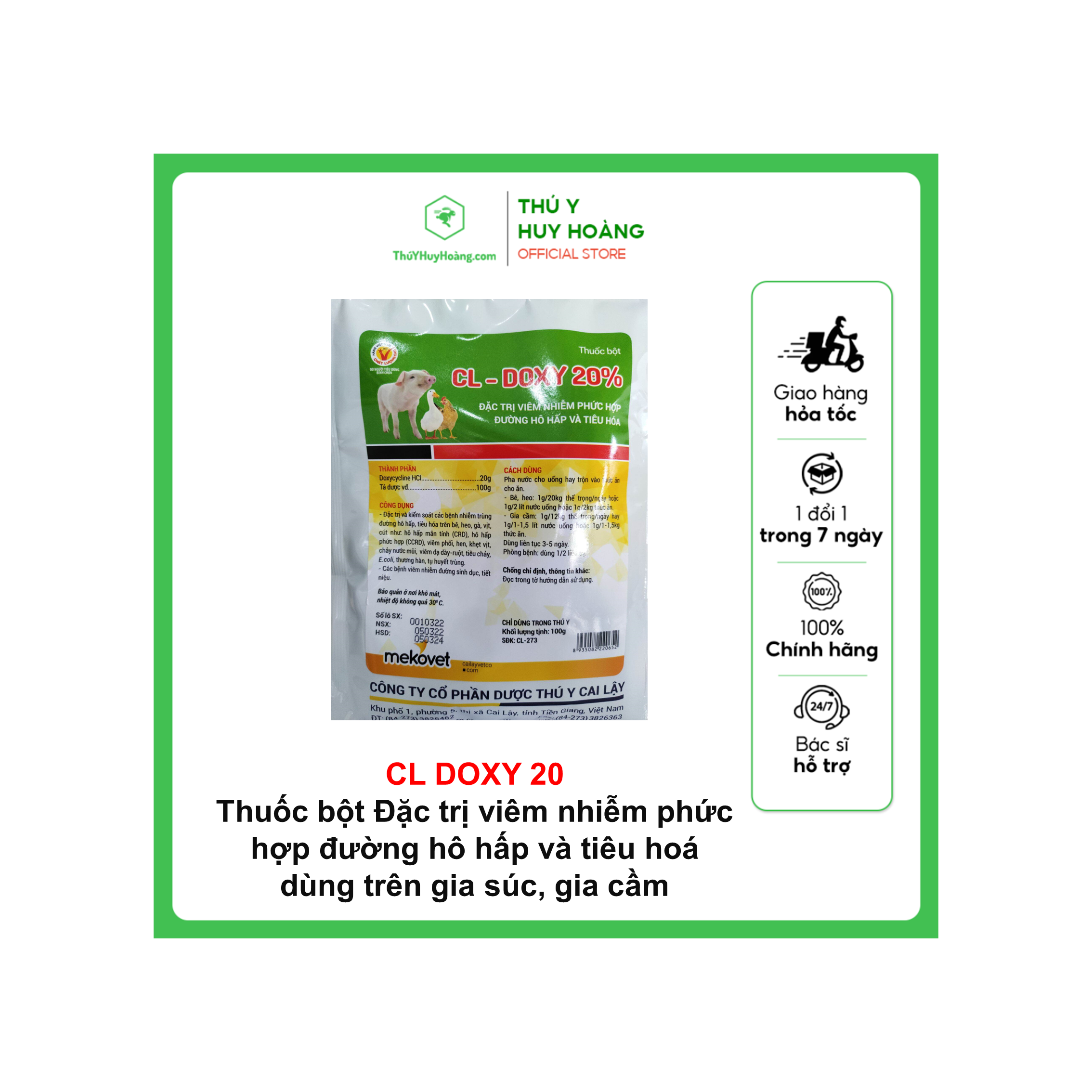 Thuốc bột CL-DOXY 20% Đ.ặc t.rị viêm nhiễm phức hợp đường hô hấp và tiêu hoá