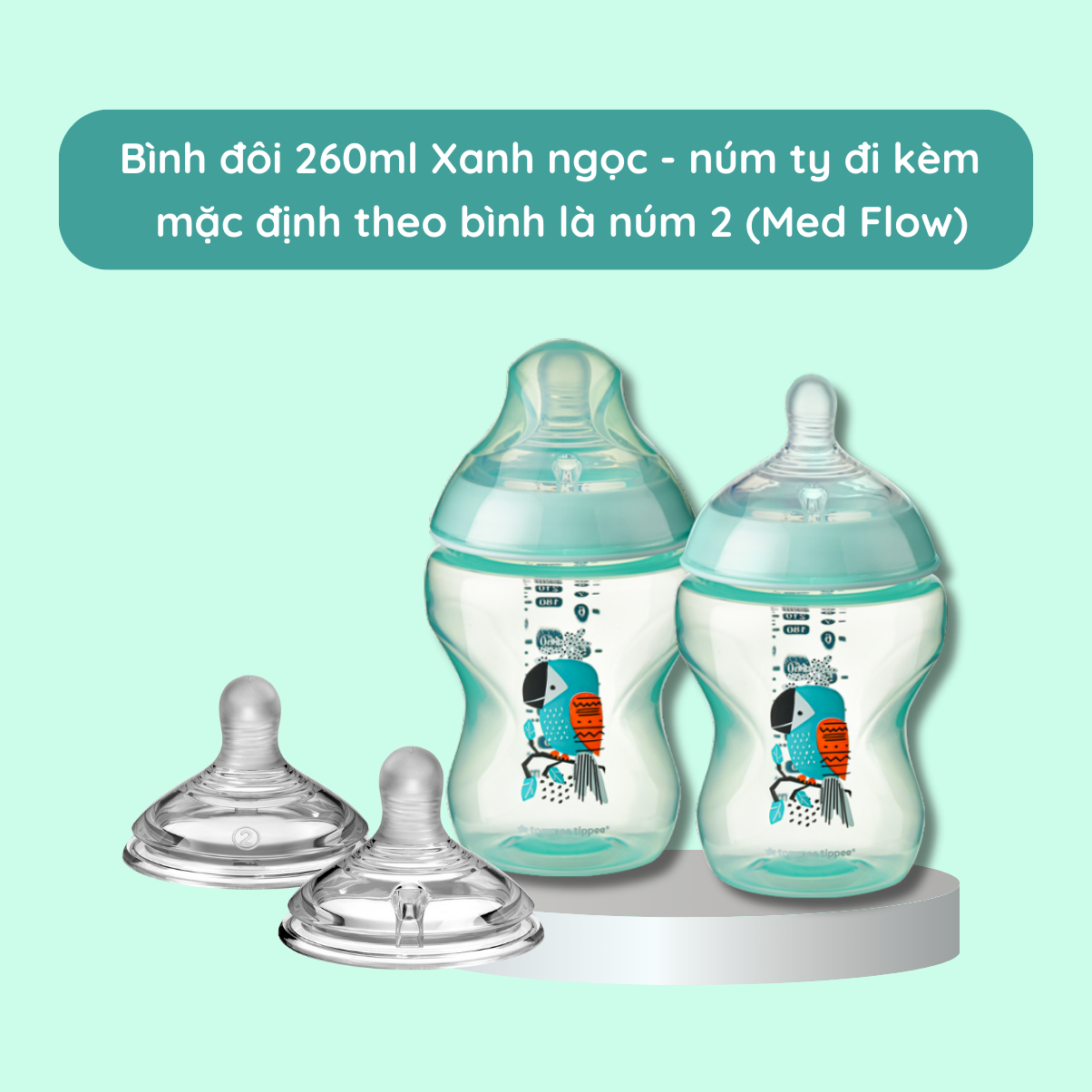 Bình Sữa Ty Siêu Mềm Tự Nhiên Tommee Tippee Closer To Nature 260ml, Núm Ty Của Bình 3-6 Tháng – Xanh Ngọc (Bình Đôi, Tách Lẻ)