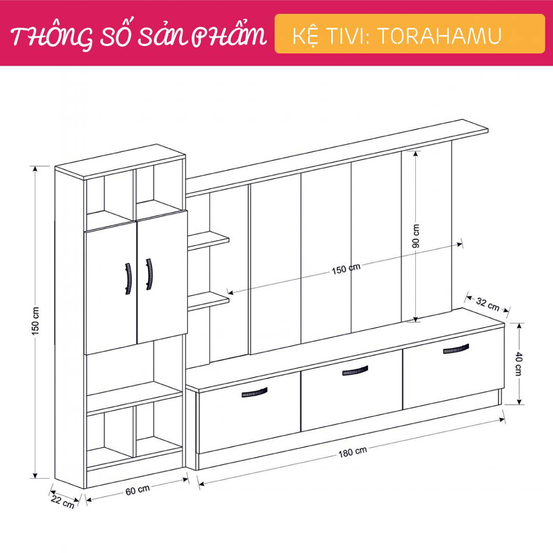 Kệ tivi gỗ hiện đại SMLIFE Torahamu | Gỗ MDF dày 17mm chống ẩm | D240xR32xC150cm