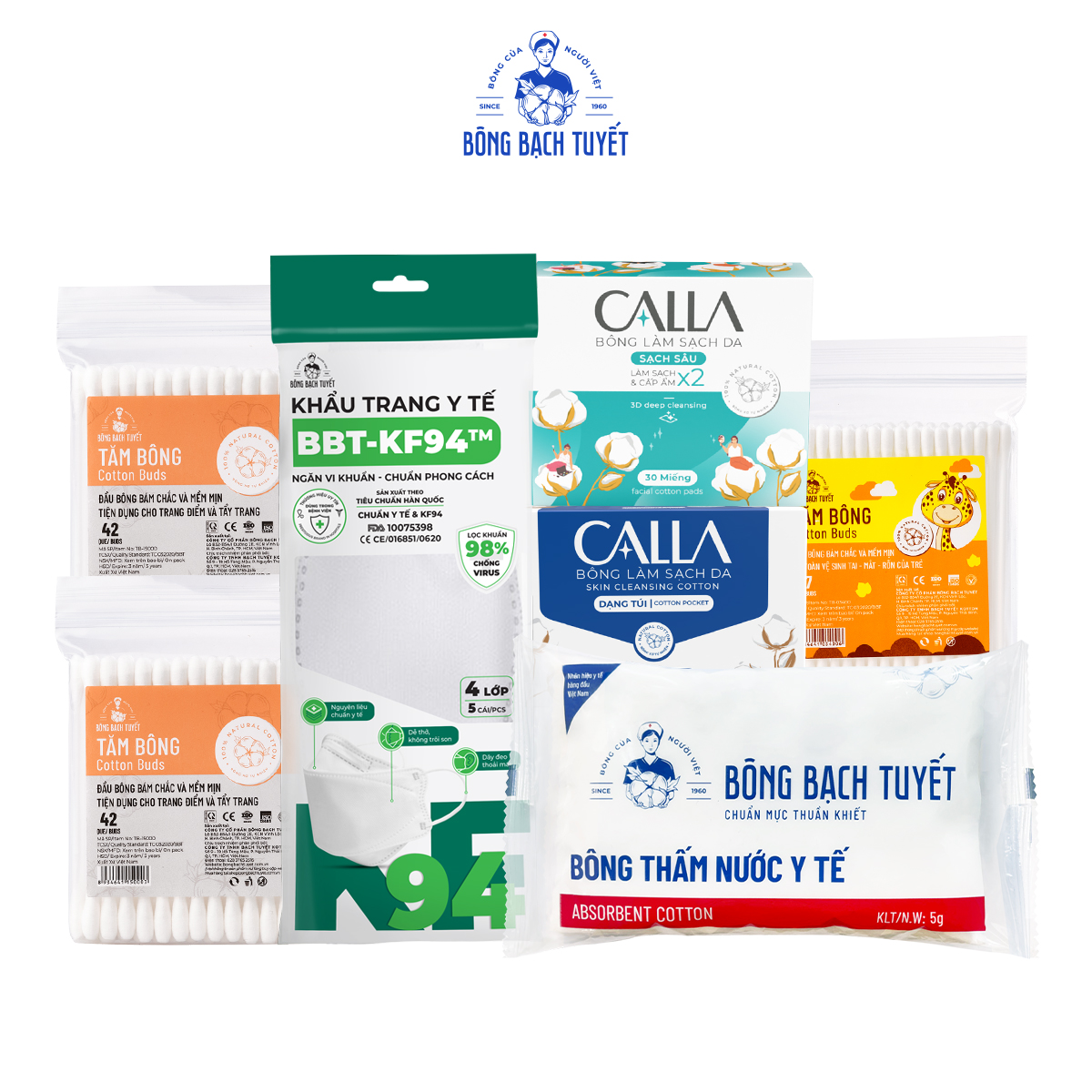 HÀNG TẶNG KHÔNG BÁN - Combo 7 - Bông tẩy trang xỏ ngón, sạch sâu, khẩu trang KF94, 2 tăm bông, tăm bông trẻ em