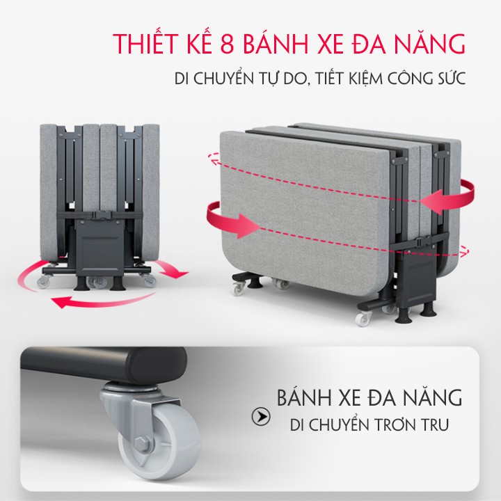 Giường gấp gọn văn phòng ngủ trưa có bánh xe, chống ồn, khung thép chắc chắn 190x70x30cm, Giường gấp 4 khúc đa năng