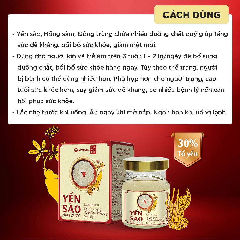 Set yến sào Nam Dược 6 lọ x 70ml tổ yến chưng hồng sâm,đông trùng bổ sung dưỡng chất,bồi bổ sức khỏe,tăng sức đề kháng