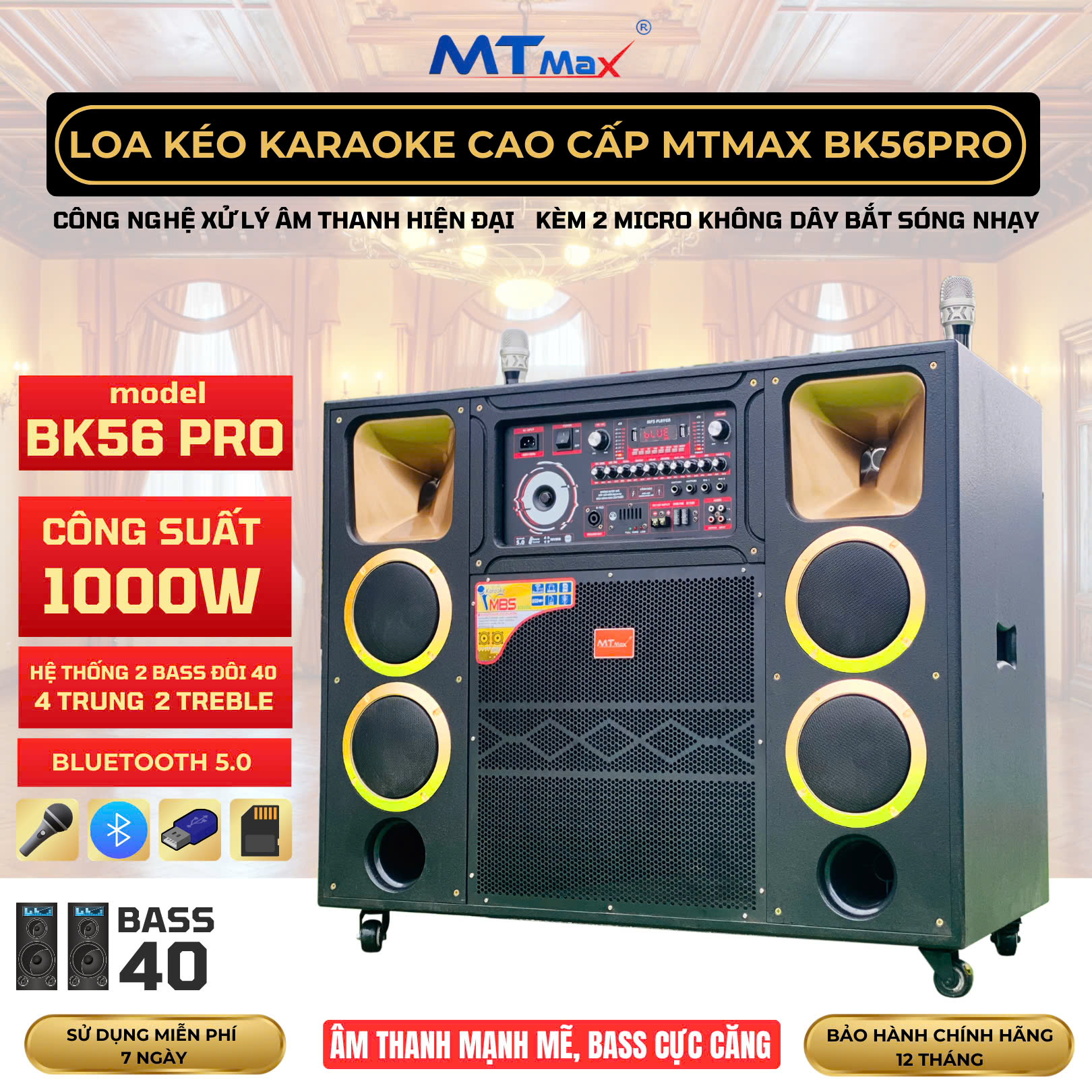 Loa Kéo Karaoke Cao Cấp MTMAX BK56PRO, Công Suất 1000W Mạnh Mẽ, Âm Thanh Cực Căng, Trang Bị 2 Bass Đôi 40, 4 Trung, 2 Treble Đảm Bảo Âm Thanh Đầu Ra Sống Động, Thích Hợp Karaoke, Sự Kiện Chuyên Nghiệp, Kèm 2 Micro Cao Cấp, Hàng Chính Hãng