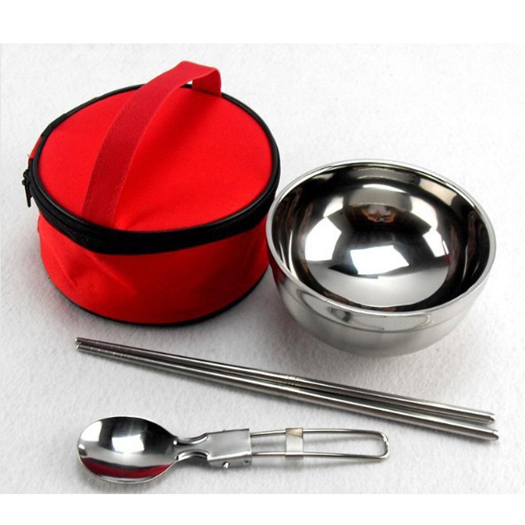 Portable Travel Set Stainless Steel Bowl Chopsticks Spoon Camping Tableware