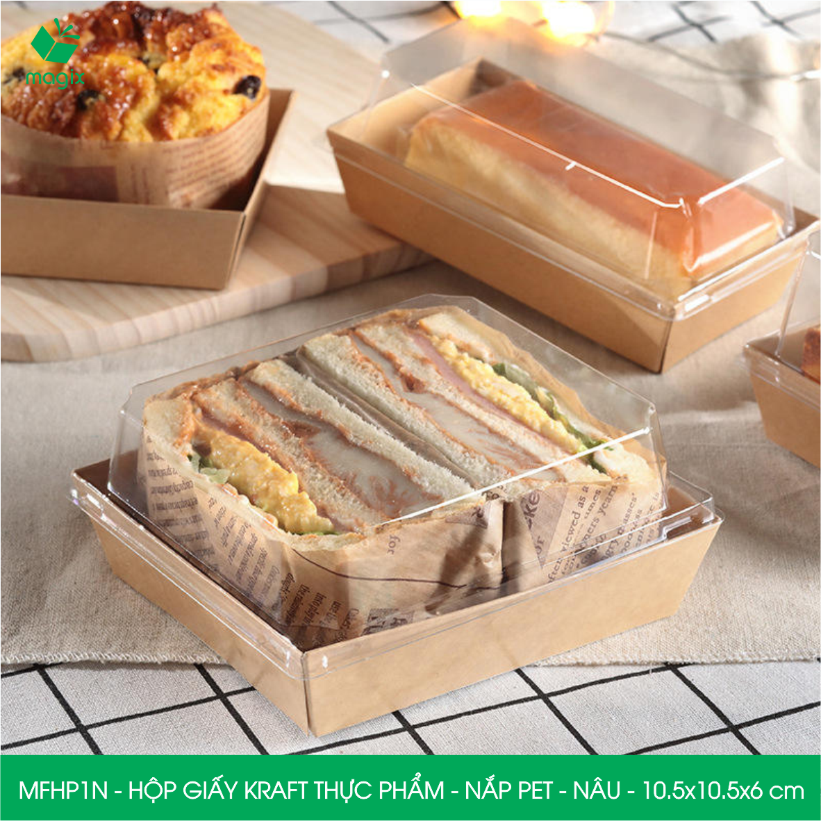 Combo 25 hộp giấy thực phẩm nắp Pet, hộp giấy đựng thức ăn, hộp bánh nắp trong
