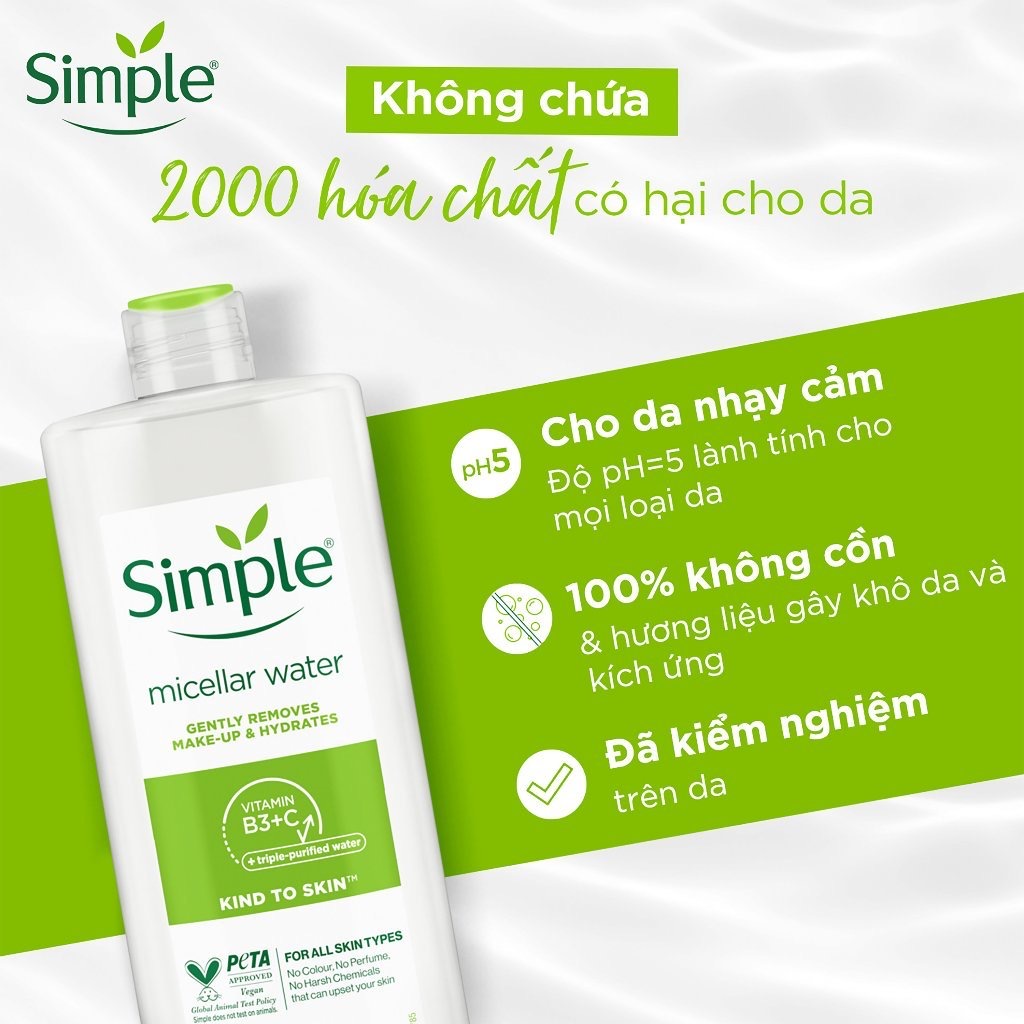 Nước Tẩy Trang SIMPLE Micellar Water 200ml - 400ml - Làm Sạch Trang Điểm - Không Chứa Cồn Gây Khô Rát