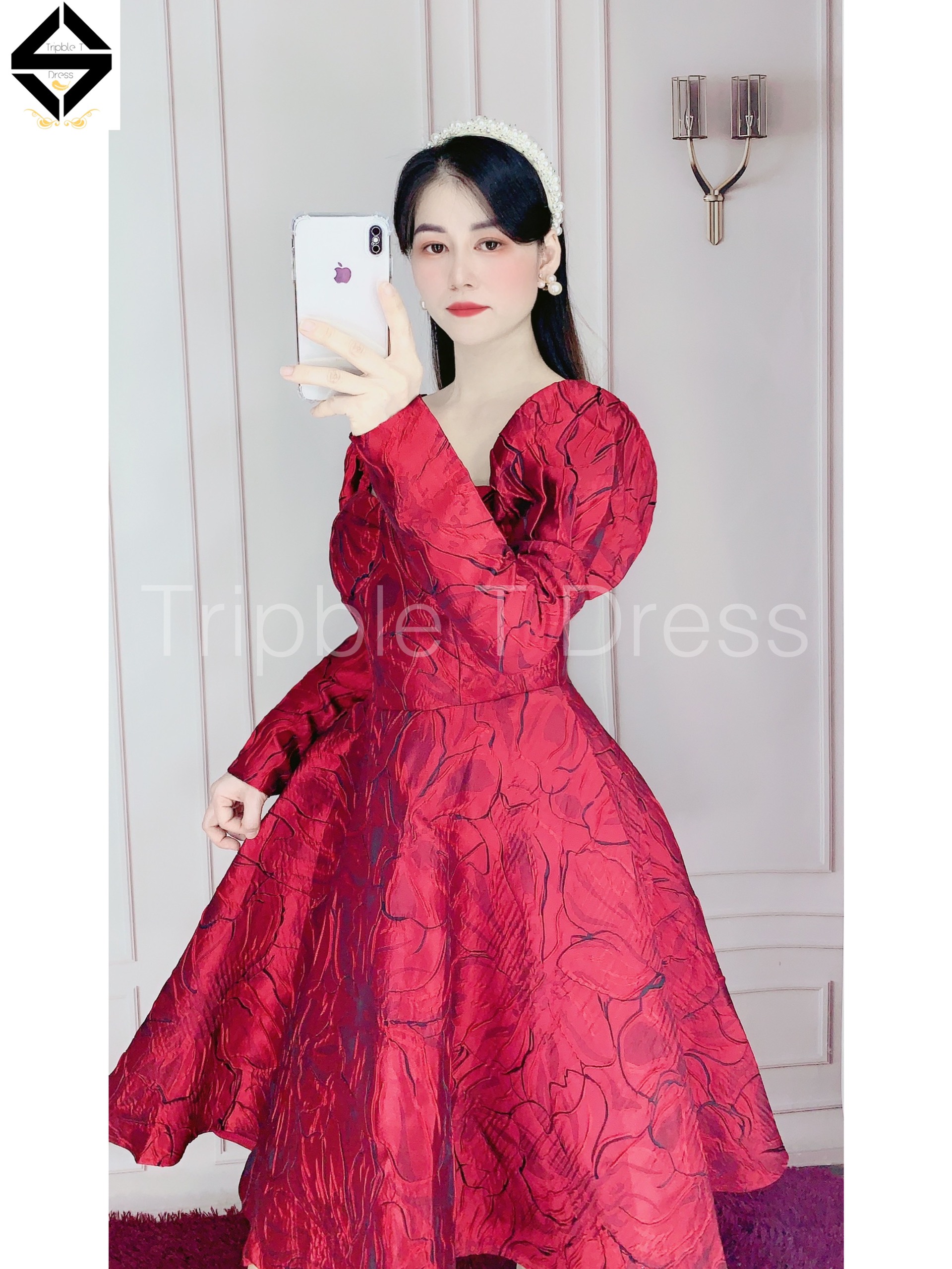 Đầm xoè dự tiệc gấm tay dài phồng TRIPBLE T DRESS - size M/L - MS204