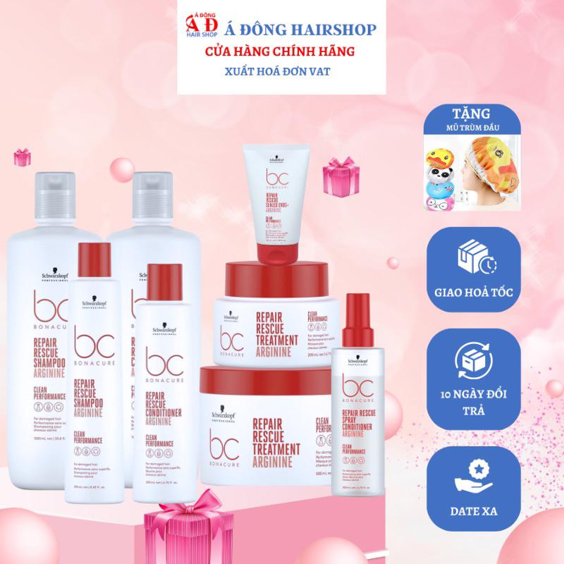 [+Tặng mũ trùm] BỘ DẦU GỘI XẢ, HẤP Ủ DƯỠNG PHỤC HỒI TÓC HƯ TỔN SCHWARZKOPF BC REPAIR RESCUE ARGININE PH 4.5 ĐỨC NEW 2023 + Gội xả gói Karseell 15ml