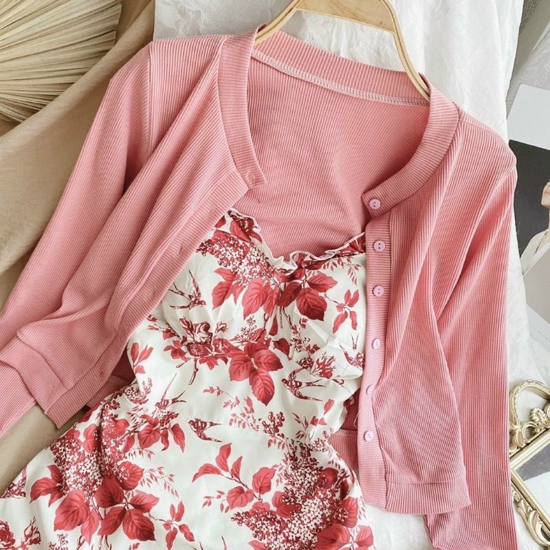 Sét váy dây hoa nhí đỏ cúp ngực , Mix khoác tăm