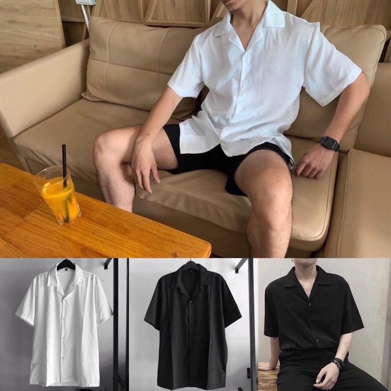 Áo Sơ Mi Trắng Đen Ngắn Tay Cổ Vest Vải Lụa Nam Nữ Unisex