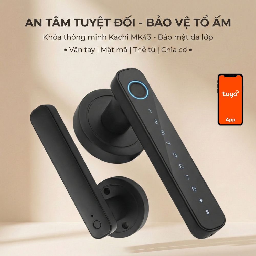 Khóa Cửa Thông Minh Kachi MK43 – Mở Khóa App Tuya + Vân tay + Chìa khóa + Mã số - hàng chính hãng