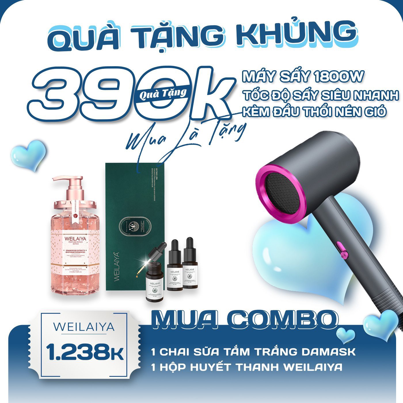 Combo Sữa tắm nước hoa, trắng da toàn thân và Tinh dầu dưỡng tóc Weilaiya giúp ngăn rụng và kích thích mọc tóc 5ml x 8