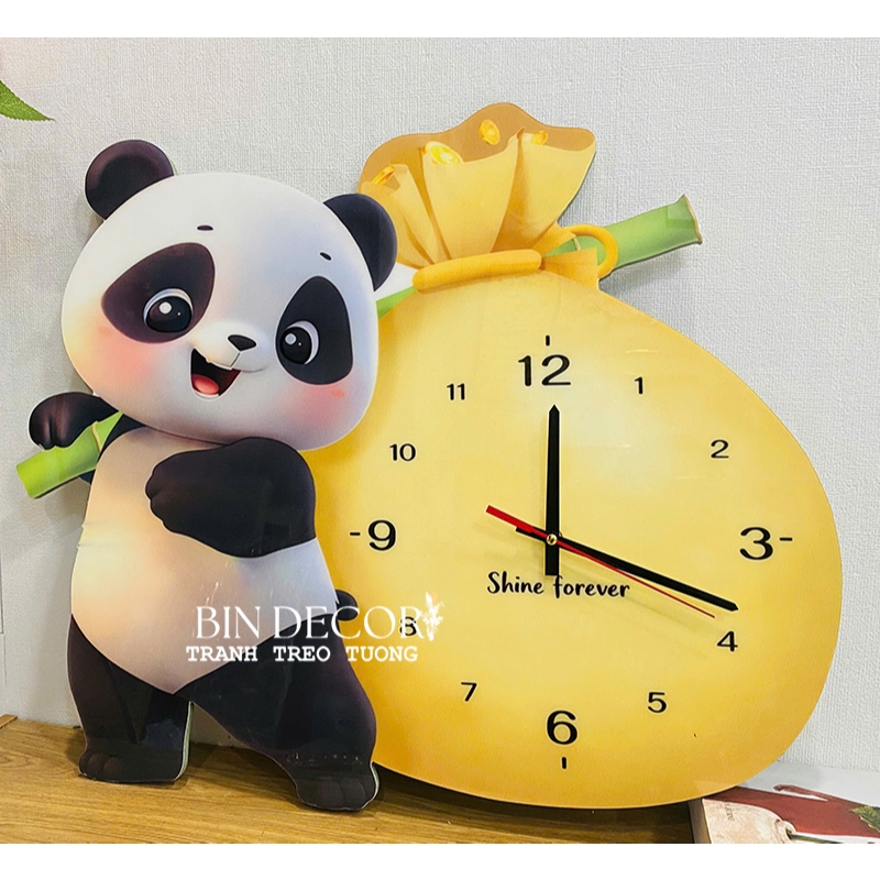 (ẢNH CHỤP THẬT)Tranh đồng hồ đèn led tráng gương gấu trúc dễ thương 6 kèm đinh treo