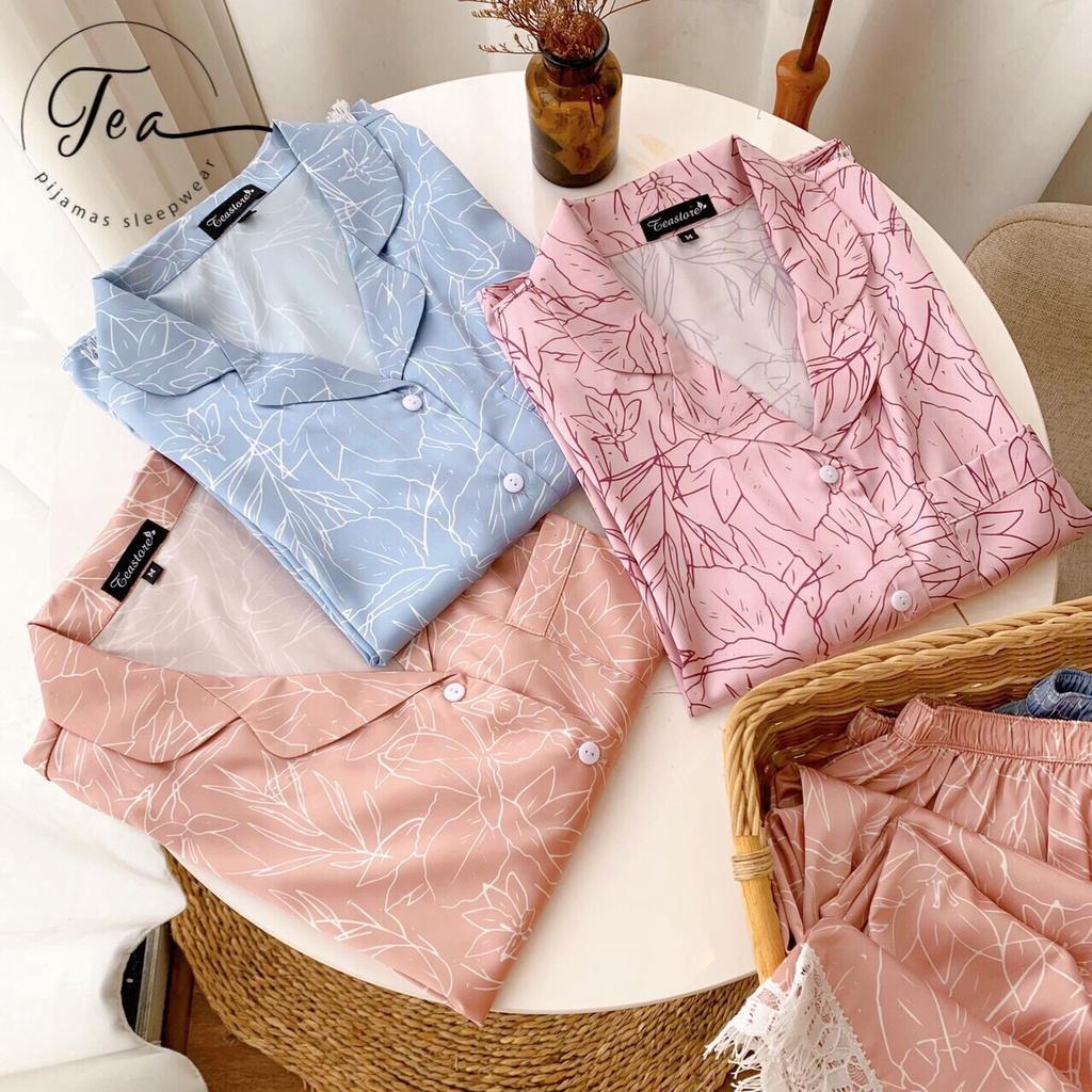 Bộ mặc nhà Pyjama lụa cao cấp Tea Store viền ren 3 màu siêu sang