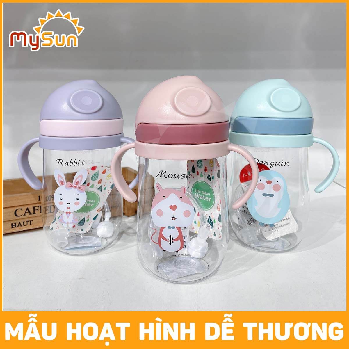 Bình đựng nước nhựa cho bé trai gái 400ml mẫu giáo, cấp 1 lớp 1 2 3 mang đi học  có ống hút tay cầm đẹp xịn MySun