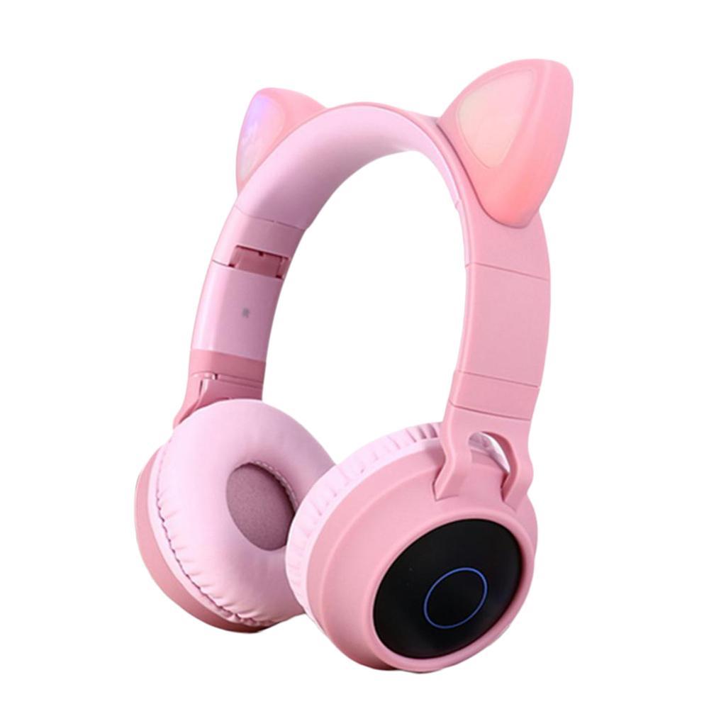 Bluetooth Cat Ear Headband LED Lights Headphones Earphone Headset w/Mic Pink