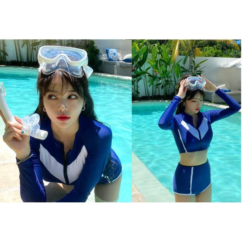 Bikini đồ bơi 2 mảnh dài tay cạp cao có khóa kéo thể thao năng động đi biển chất liệu thun lạnh co dãn 4 chiều DBN012