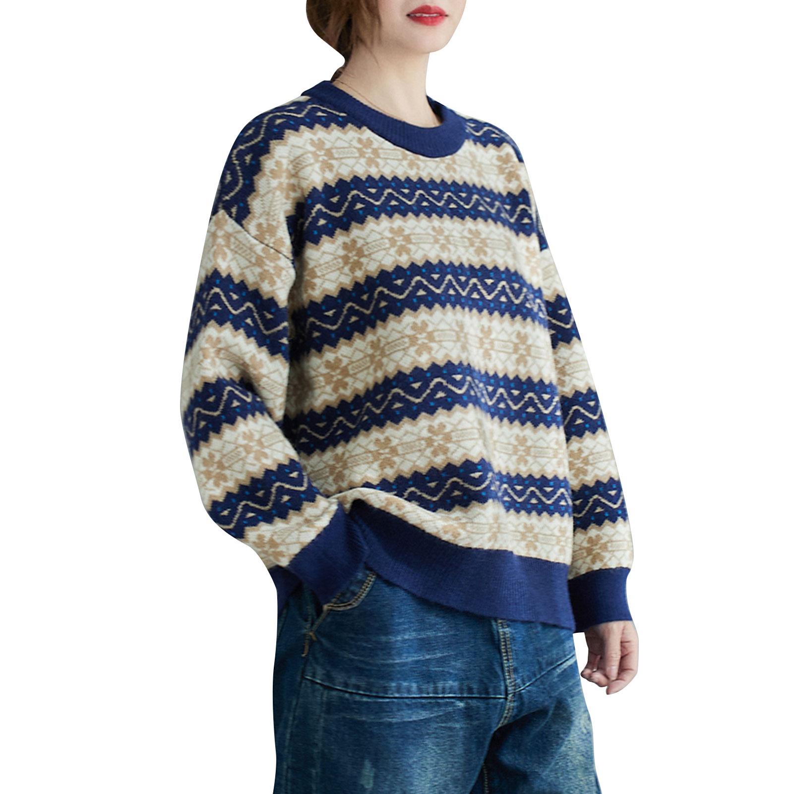 Women Warm Sweater Knitted Stripe O Neck Long Sleeve Drop Shoulder Pullover Sweatshirt Casual Loose Winter Blouse