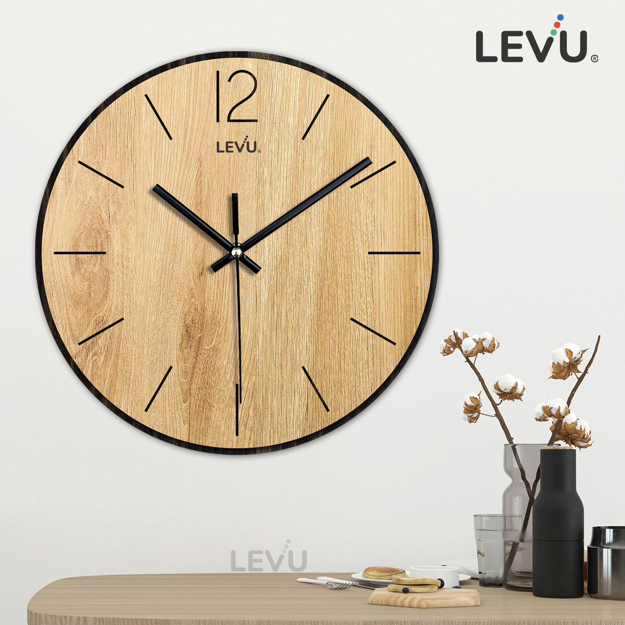 Đồng Hồ Treo Tường kim trôi LEVU DH15 bằng Gỗ Handmade