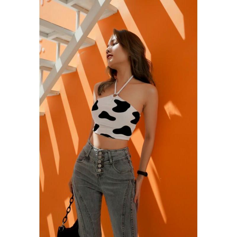 Áo croptop yếm chéo dây có mút ngực bò sữa