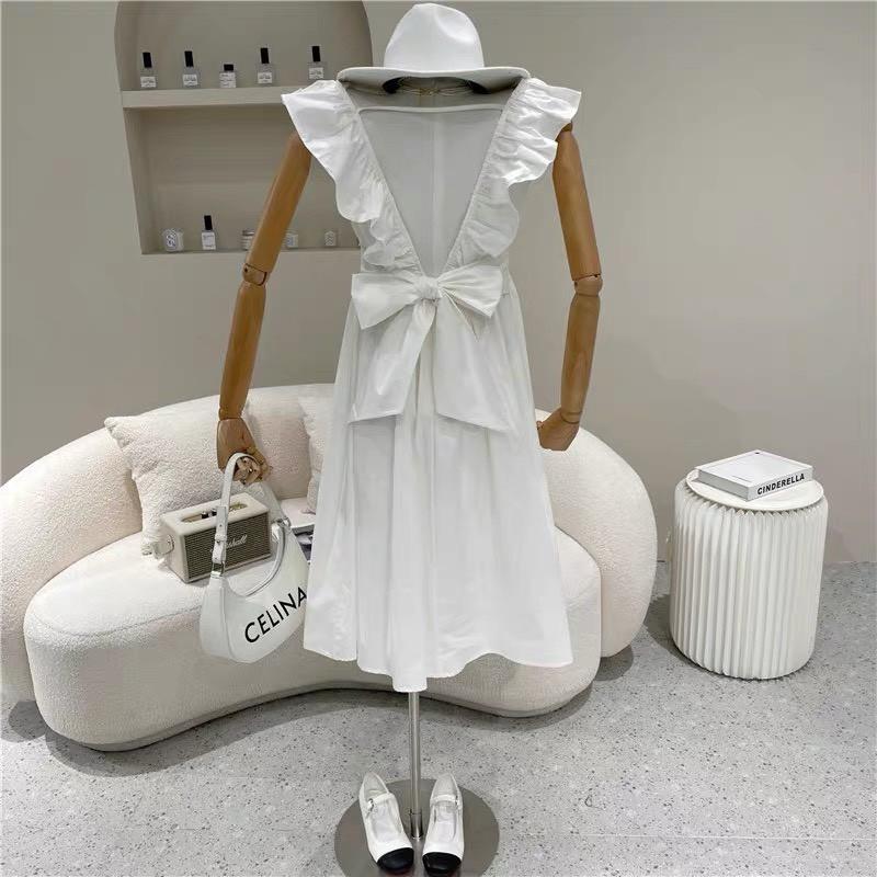 ĐẦM BÈO VAI NHÚN NƠ SAU KHOÉT LƯNG CỔ VUÔNG DÁNG XÒE-hình thật shop chụp