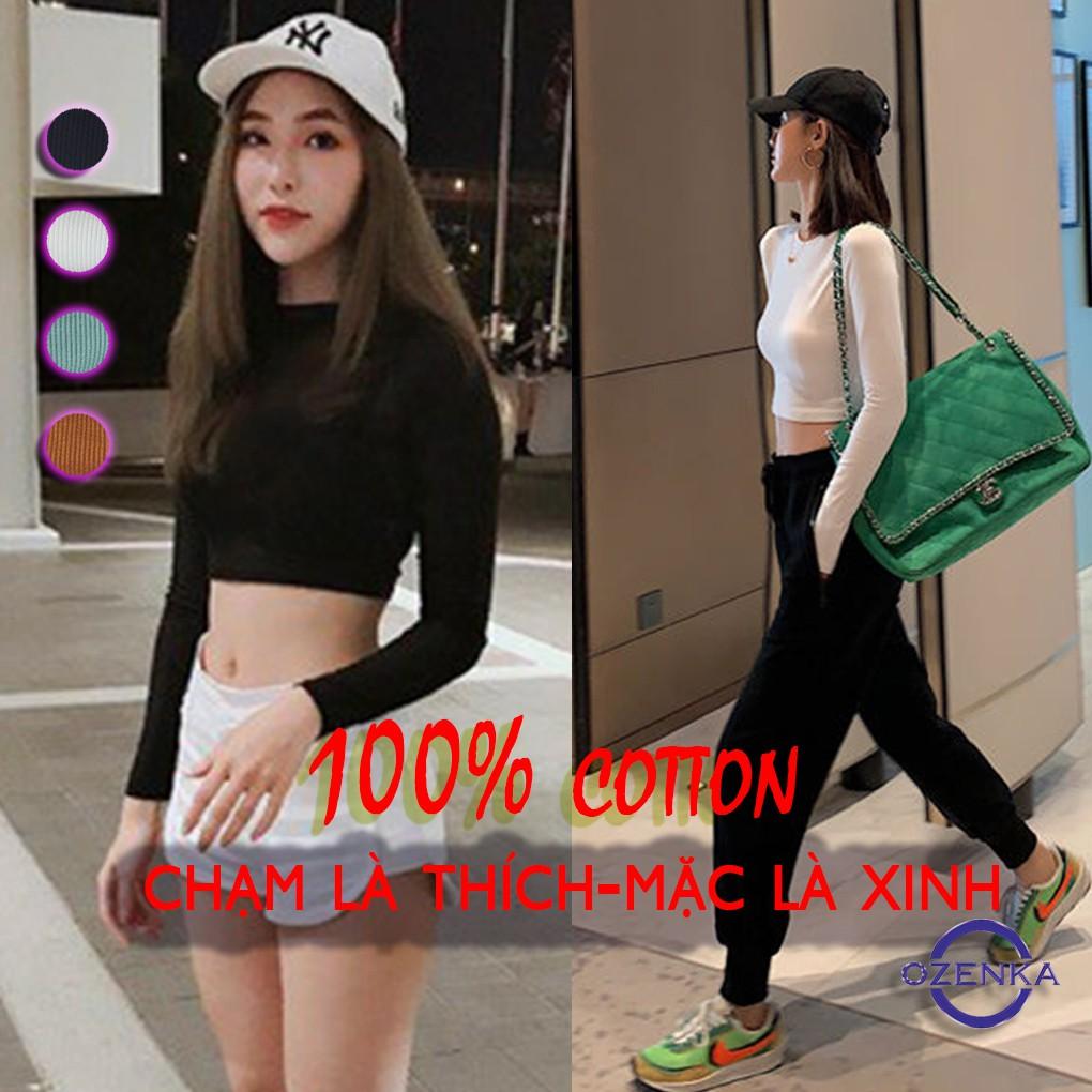 Áo croptop tay dài ôm nữ đen trắng thun gân , áo thun crt body 100% cotton free size 40 đến 53 kg CRT 263