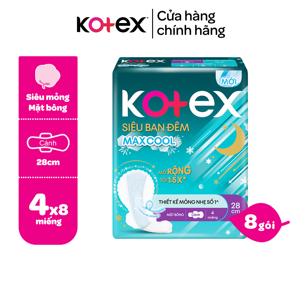 Combo 4 gói băng vệ sinh Kotex ban đêm mặt lưới 12 miếng 28cm siêu mỏng cánh