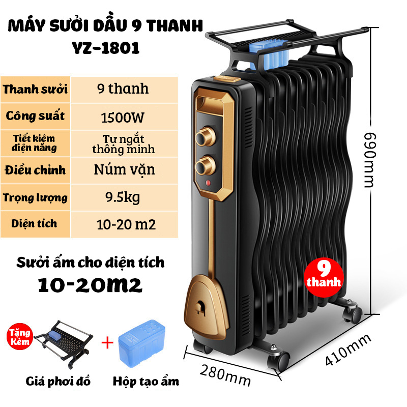 Máy sưởi dầu 11 thanh Yangzi YL-1811 làm ấm tự nhiên kèm giá phơi làm ấm phòng 10-20m2