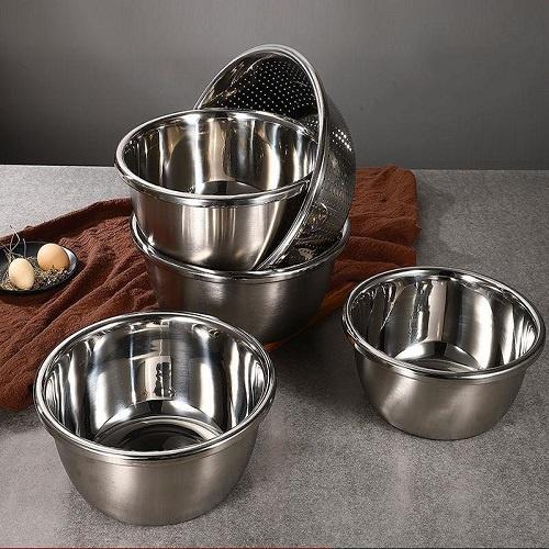 Bộ Thau Inox 5 Món Dùng Rửa Rau Củ Quả, Thau Trộn Salad Dày Dặn Siêu Tiện Dụng Cho Nhà Bếp Size Từ 14-24cm