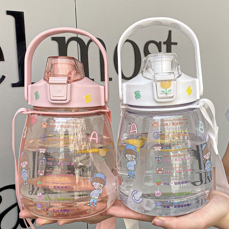 Bình đựng Nước Thể Thao, Bình Nước Cute Kích Thước Lớn Dung Tích 1300ml Có ống Hút