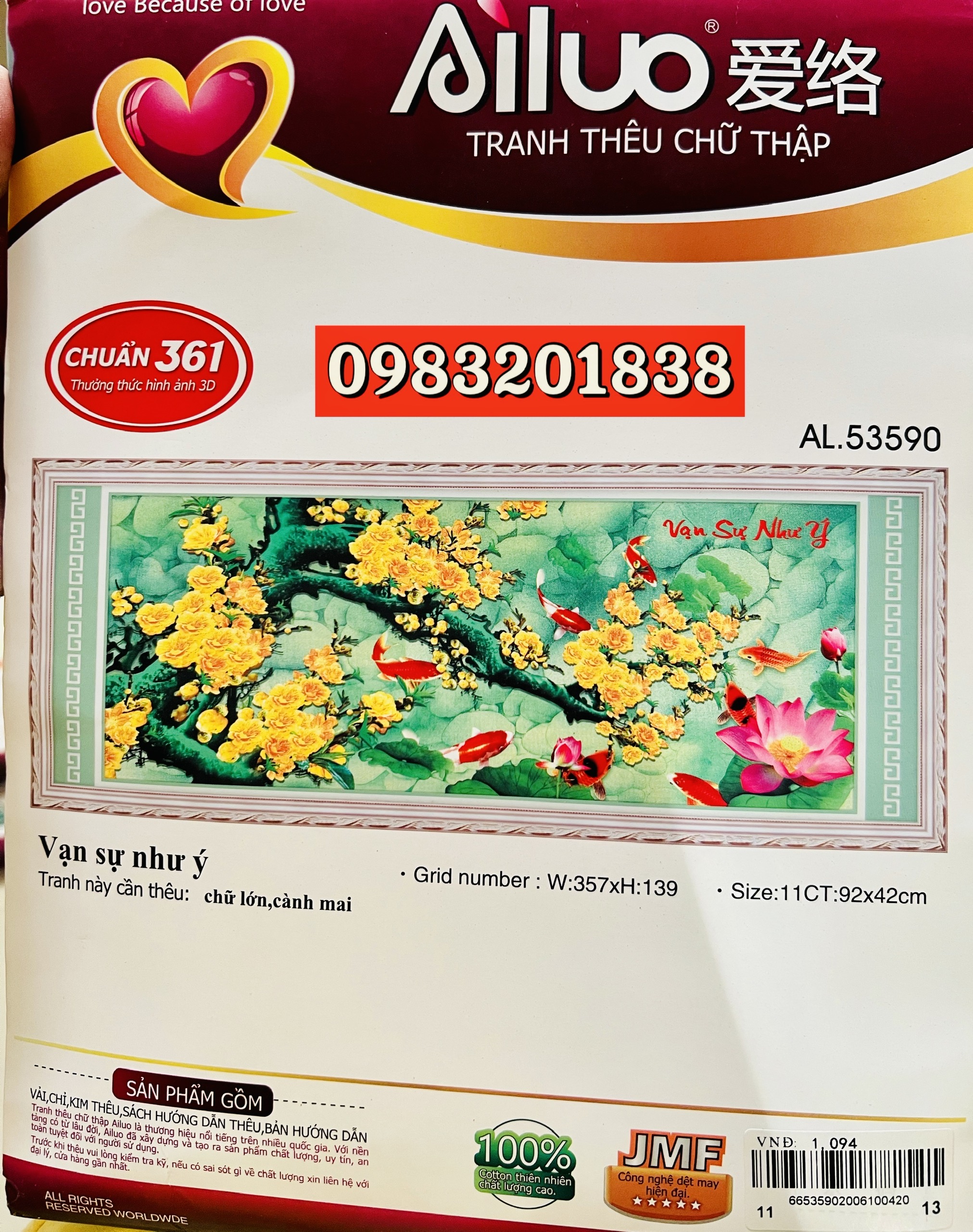 Tranh thêu chữ thập Vạn sự như ý AL53590, kích thước 92 x 42 cm
