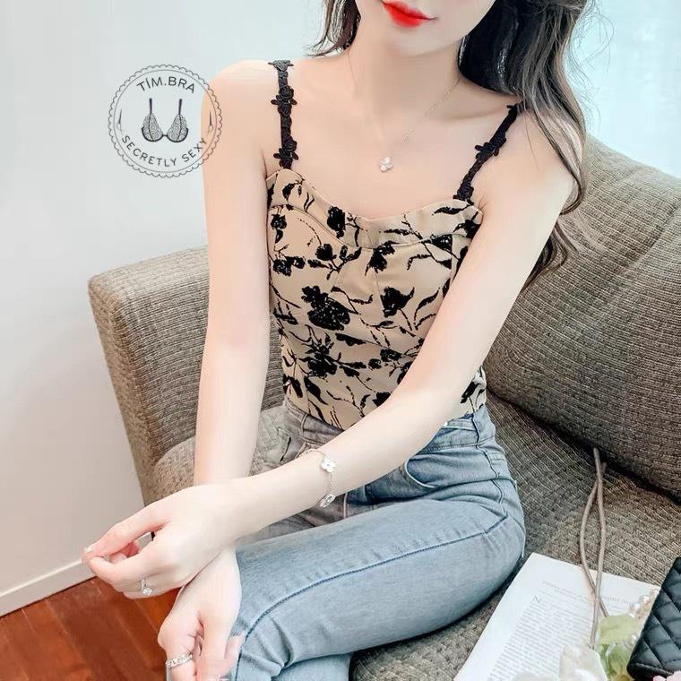 Áo 2 dây nữ hoa hồng có mút ngực sexy Tặng kèm choker, Áo croptop nữ nhún sau chất cotton mềm mịn M16