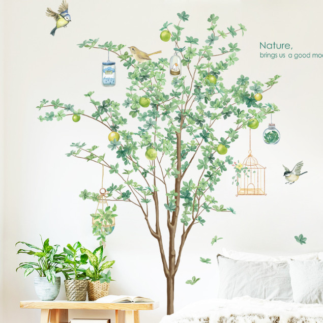 Decal trang trí tường - Cây ổi xanh và lồng chim
