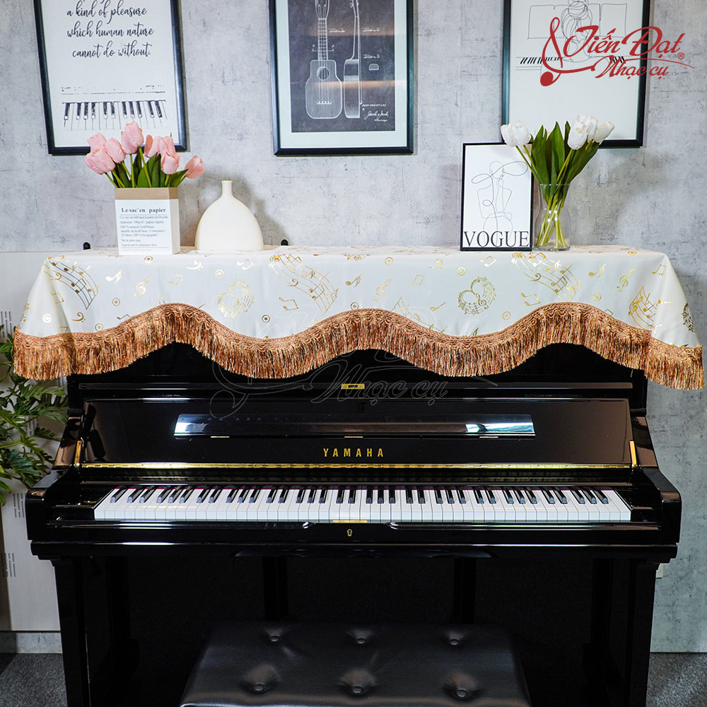 Khăn Phủ Đàn Piano Nền Trắng, Họa Tiết Nốt Nhạc KU-027