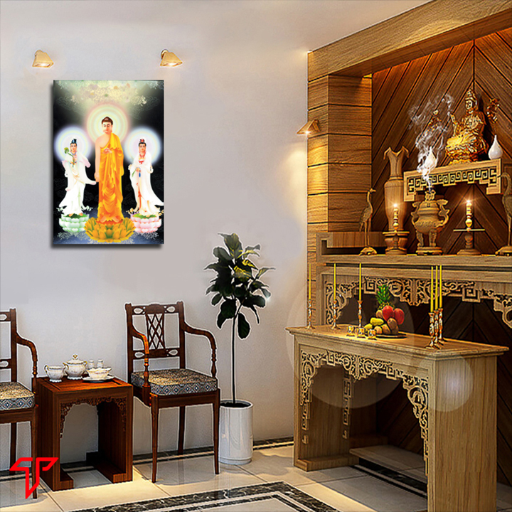 Tranh Phật giáo trang trí nhà cửa, nơi thờ cúng cán gỗ hiện đại mẫu tam thánh, phật adida, quan thế âm, thích ca mâu ni, Tranh Phật Giáo Tam Thánh 2437