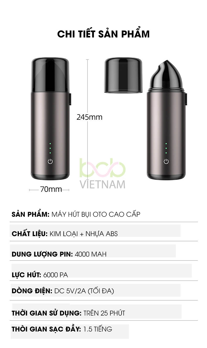 Máy Hút Bụi Ô Tô Không Dây Tiện Lợi Dung Lượng Pin 4000mah Lực Hút Siêu Mạnh Sạc USB