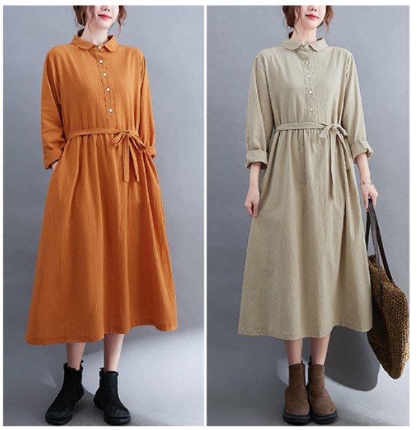 Đầm linen suông nữ cổ sơ mi dài tay, tặng kèm dây thắt eo, thời trang nữ thu đông NH185