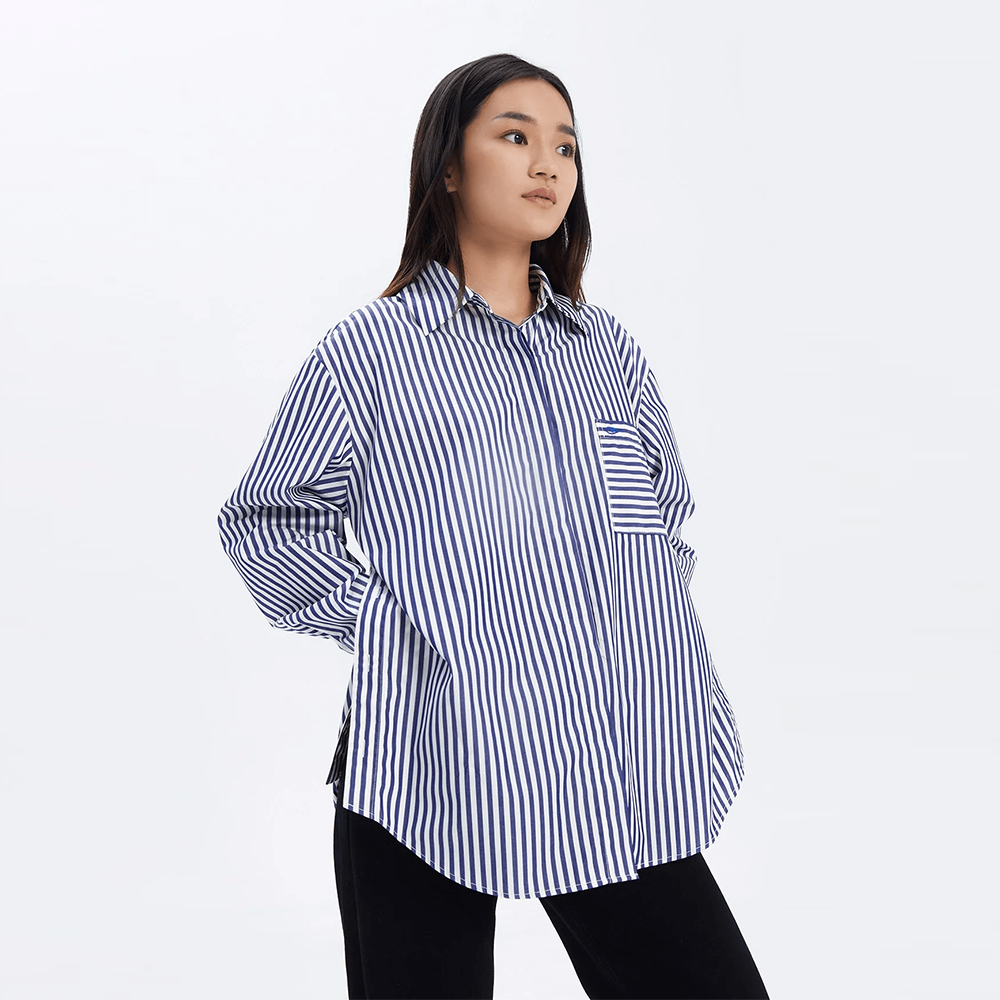 TheBlueTshirt - Áo Sơ Mi Nữ Phom Rộng Sọc Xanh Dương Đậm - Office Life Oversized Pocket Shirt - Bold Stripe