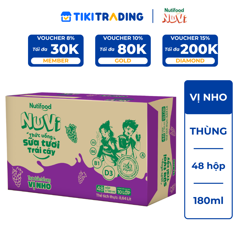 Thùng 48 hộp Thức Uống Sữa Tươi Trái Cây Tươi Nuvi Vị Nho 180ml - Tăng Cường Chiều Cao, Phát Triển Trí Não