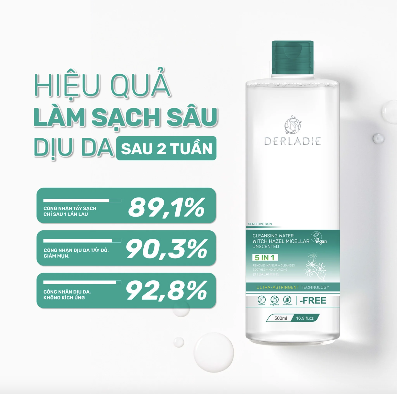 Tẩy Trang Derladie Vegan Sạch Sâu, Cải Thiện Lỗ Chân Lông Derladie Cleansing Water Witch Hazel Micellar Unsented 50ml