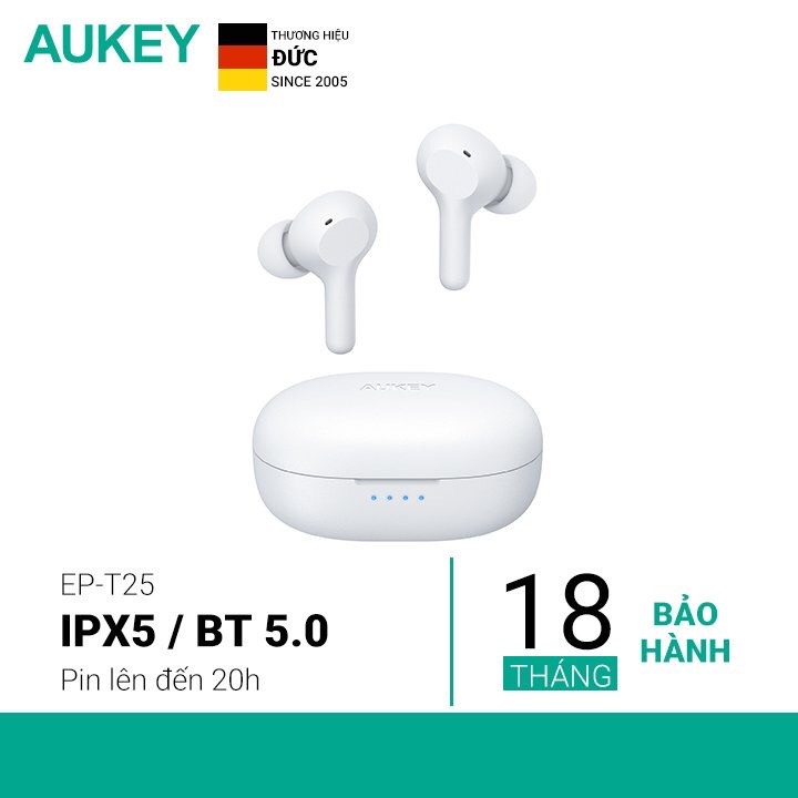 Tai nghe Bluetooth True Wireless Aukey EP-T25 - Bluetooth 5.0 - Pin Tới 25H - Chống Nước IPX5 -  Nghe Độc Lập 2 Tai - Hàng Chính Hãng