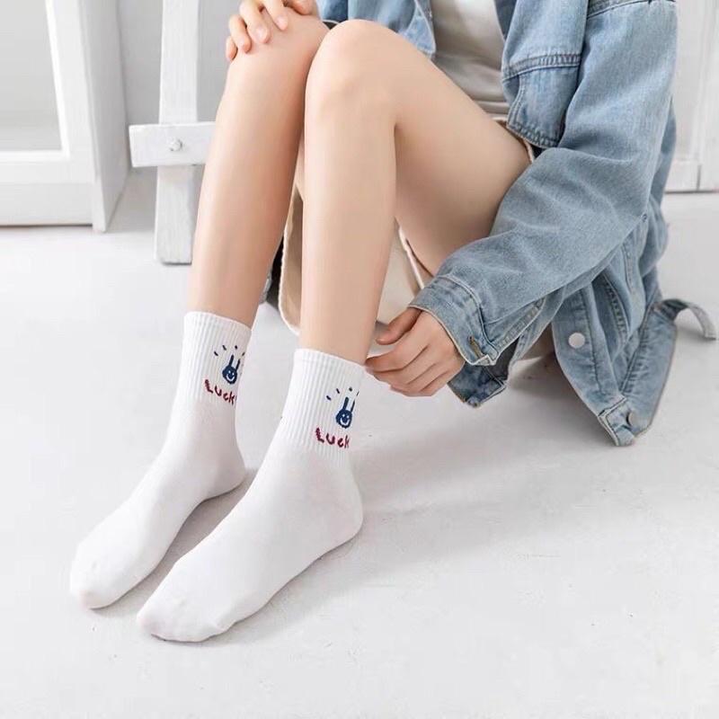 Set 5 đôi tất cổ cao, vớ nữ cổ cao trắng hoạ tiết hình gấu dễ thương vải co giãn thời trang phong cách Hàn Quốc.