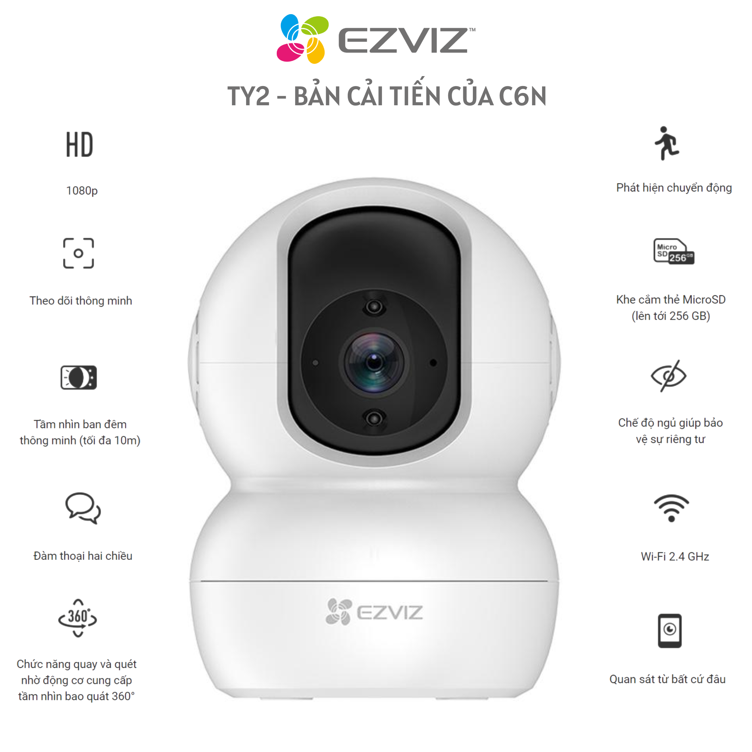 Camera IP Wifi Ezviz TY2 Quét 360 Độ Hồng Ngoại Đêm Lên Đến 10M Đàm Thoại Hai Chiều Theo Dõi Chuyển Động - Hàng Chính Hãng